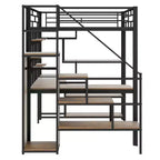 Full Size Metal Loft Bed with Desk, Wardrobe, Storage Stairs and Shelves