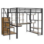 Full Size Metal Loft Bed with Desk, Wardrobe, Storage Stairs and Shelves