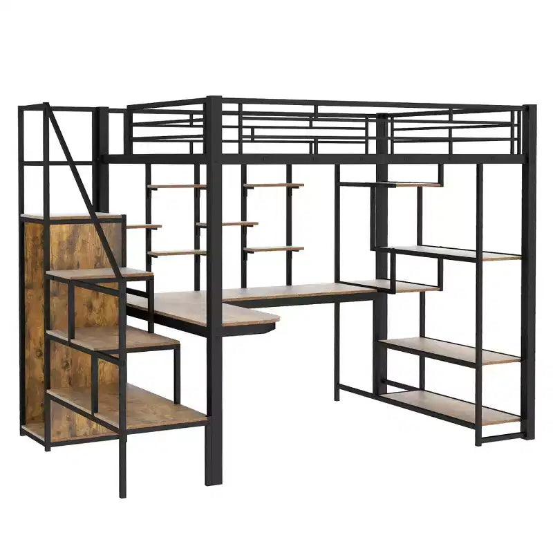 Full Size Metal Loft Bed with Desk, Wardrobe, Storage Stairs and Shelves