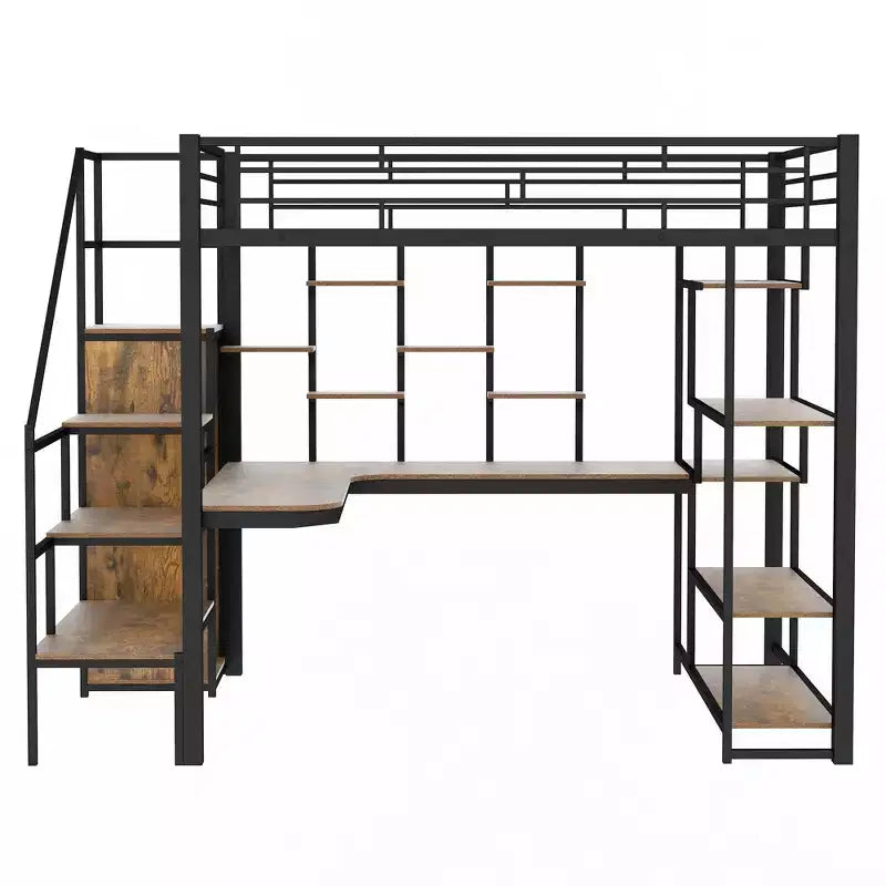 Full Size Metal Loft Bed with Desk, Wardrobe, Storage Stairs and Shelves