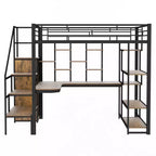 Full Size Metal Loft Bed with Desk, Wardrobe, Storage Stairs and Shelves