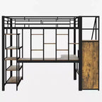 Full Size Metal Loft Bed with Desk, Wardrobe, Storage Stairs and Shelves