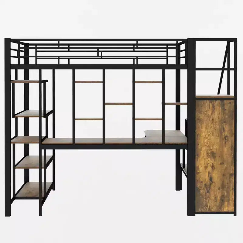 Full Size Metal Loft Bed with Desk, Wardrobe, Storage Stairs and Shelves