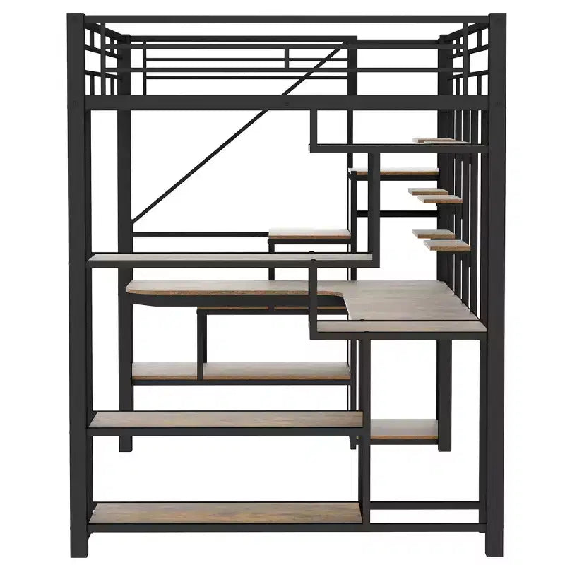 Full Size Metal Loft Bed with Desk, Wardrobe, Storage Stairs and Shelves