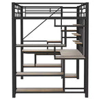 Full Size Metal Loft Bed with Desk, Wardrobe, Storage Stairs and Shelves