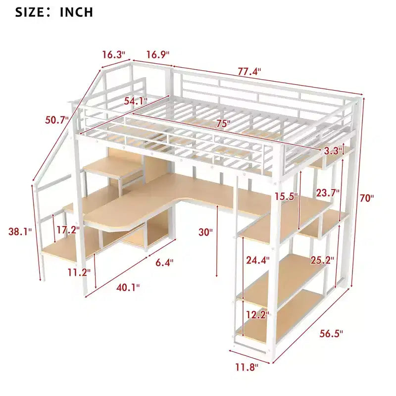 Full Size Metal Loft Bed with Desk, Wardrobe, Storage Stairs and Shelves
