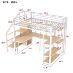 Full Size Metal Loft Bed with Desk, Wardrobe, Storage Stairs and Shelves