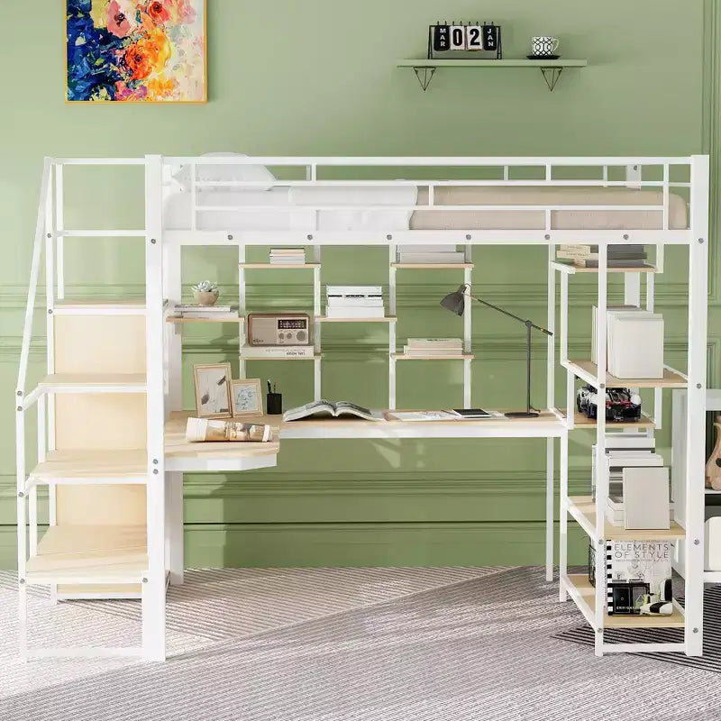 Full Size Metal Loft Bed with Desk, Wardrobe, Storage Stairs and Shelves