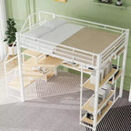 Full Size Metal Loft Bed with Desk, Wardrobe, Storage Stairs and Shelves