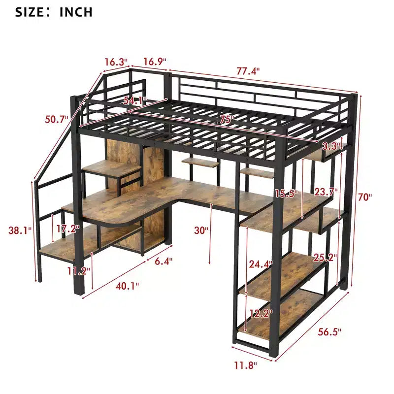 Full Size Metal Loft Bed with Desk, Wardrobe, Storage Stairs and Shelves