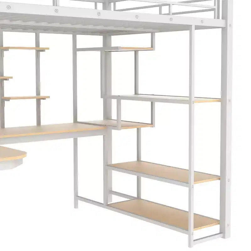 Full Size Metal Loft Bed with Desk, Wardrobe, Storage Stairs and Shelves