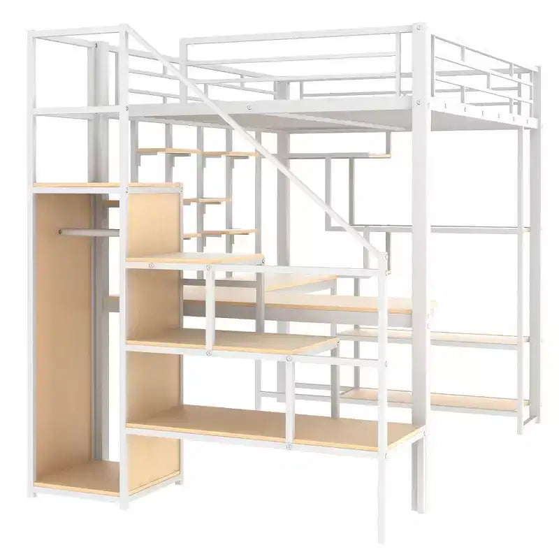 Full Size Metal Loft Bed with Desk, Wardrobe, Storage Stairs and Shelves