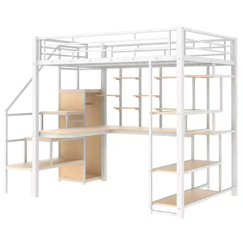 Full Size Metal Loft Bed with Desk, Wardrobe, Storage Stairs and Shelves
