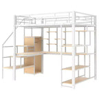 Full Size Metal Loft Bed with Desk, Wardrobe, Storage Stairs and Shelves