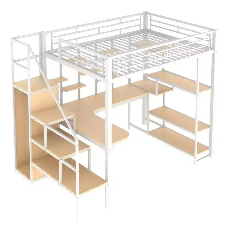 Full Size Metal Loft Bed with Desk, Wardrobe, Storage Stairs and Shelves