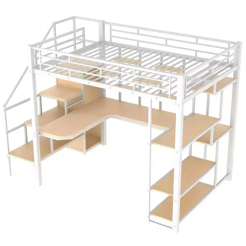 Full Size Metal Loft Bed with Desk, Wardrobe, Storage Stairs and Shelves
