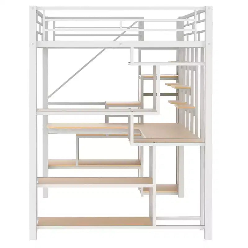 Full Size Metal Loft Bed with Desk, Wardrobe, Storage Stairs and Shelves