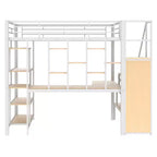 Full Size Metal Loft Bed with Desk, Wardrobe, Storage Stairs and Shelves
