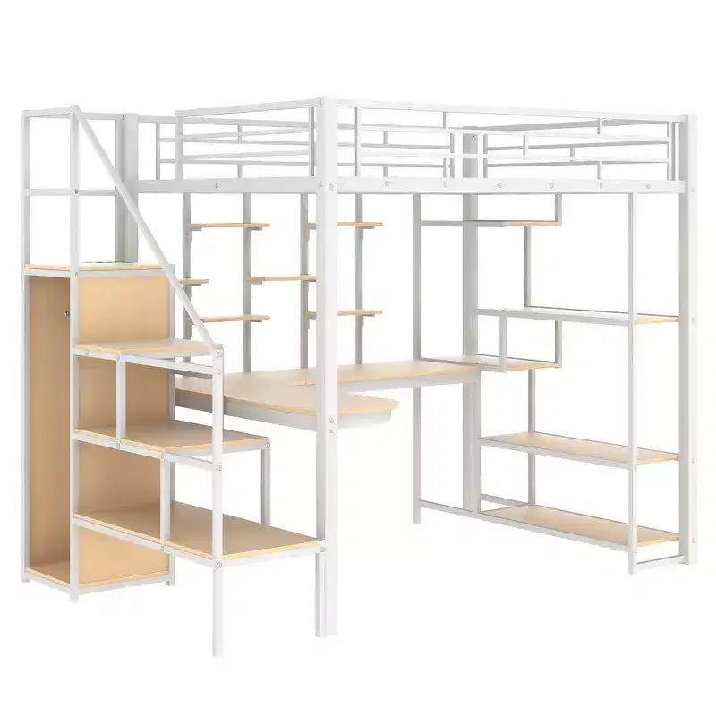 Full Size Metal Loft Bed with Desk, Wardrobe, Storage Stairs and Shelves