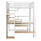 Full Size Metal Loft Bed with Desk, Wardrobe, Storage Stairs and Shelves
