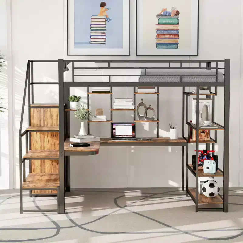 Full Size Metal Loft Bed with Desk, Wardrobe, Storage Stairs and Shelves
