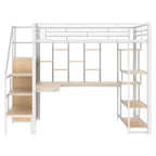 Full Size Metal Loft Bed with Desk, Wardrobe, Storage Stairs and Shelves