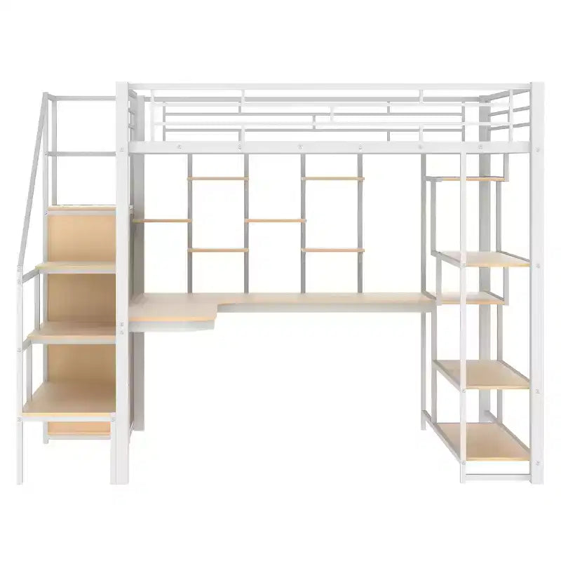 Full Size Metal Loft Bed with Desk, Wardrobe, Storage Stairs and Shelves
