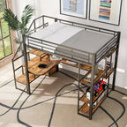 Full Size Metal Loft Bed with Desk, Wardrobe, Storage Stairs and Shelves