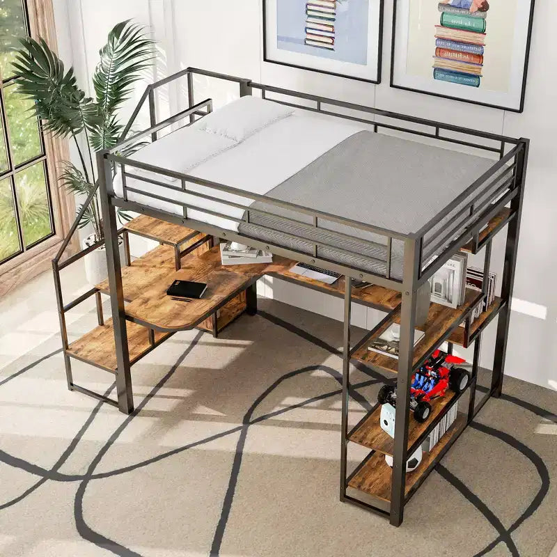 Full Size Metal Loft Bed with Desk, Wardrobe, Storage Stairs and Shelves