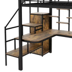 Full Size Metal Loft Bed with Desk, Wardrobe, Storage Stairs and Shelves