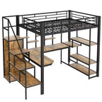 Full Size Metal Loft Bed with Desk, Wardrobe, Storage Stairs and Shelves