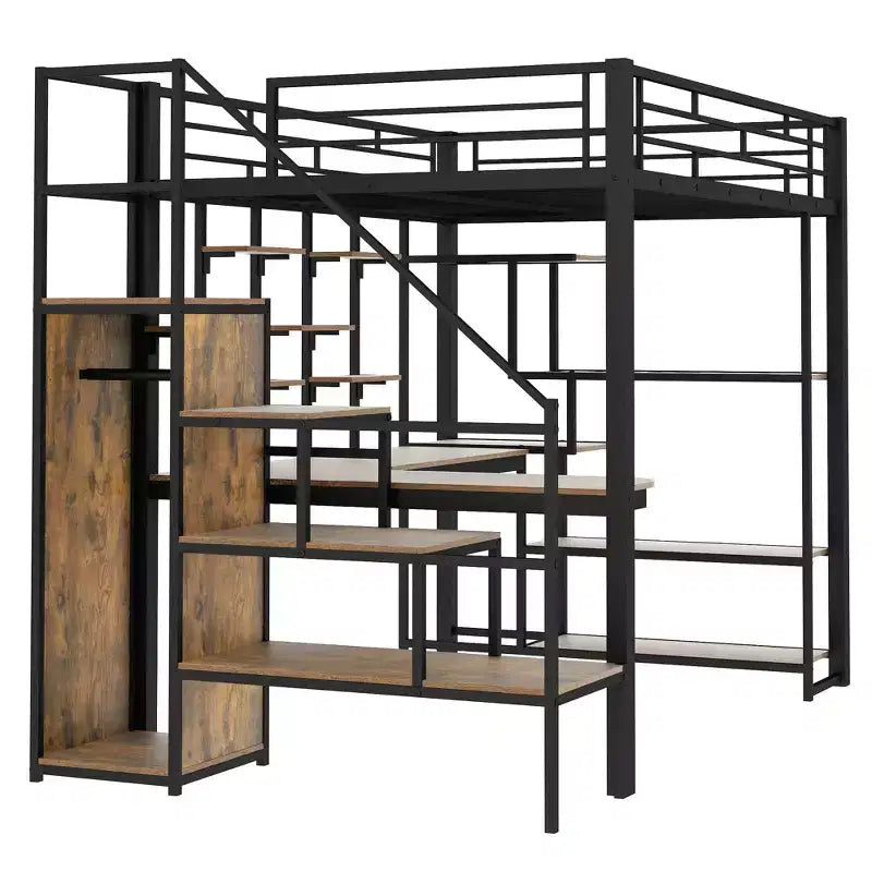 Full Size Metal Loft Bed with Desk, Wardrobe, Storage Stairs and Shelves
