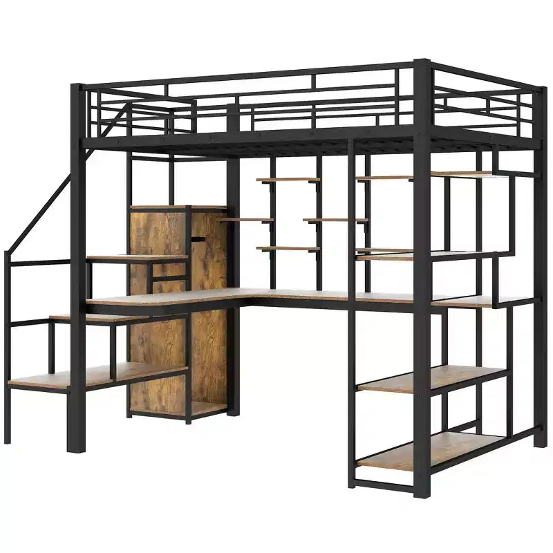 Full Size Metal Loft Bed with Desk, Wardrobe, Storage Stairs and Shelves