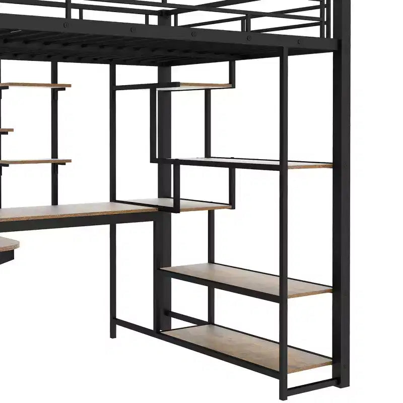 Full Size Metal Loft Bed with Desk, Wardrobe, Storage Stairs and Shelves