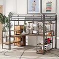 Full size Metal Loft Bed with Desk and Small Wardrobe, Full High Loft Bed with Storage Staircase and Shelves for Kids Teens Adults