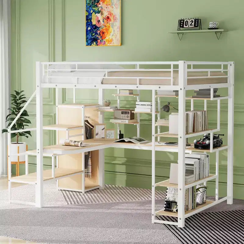 Full Size Metal Loft Bed with Desk, Wardrobe, Storage Stairs and Shelves