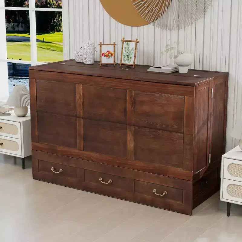 Solid Wood Frame Queen Murphy Bed with 2 Storage Drawers