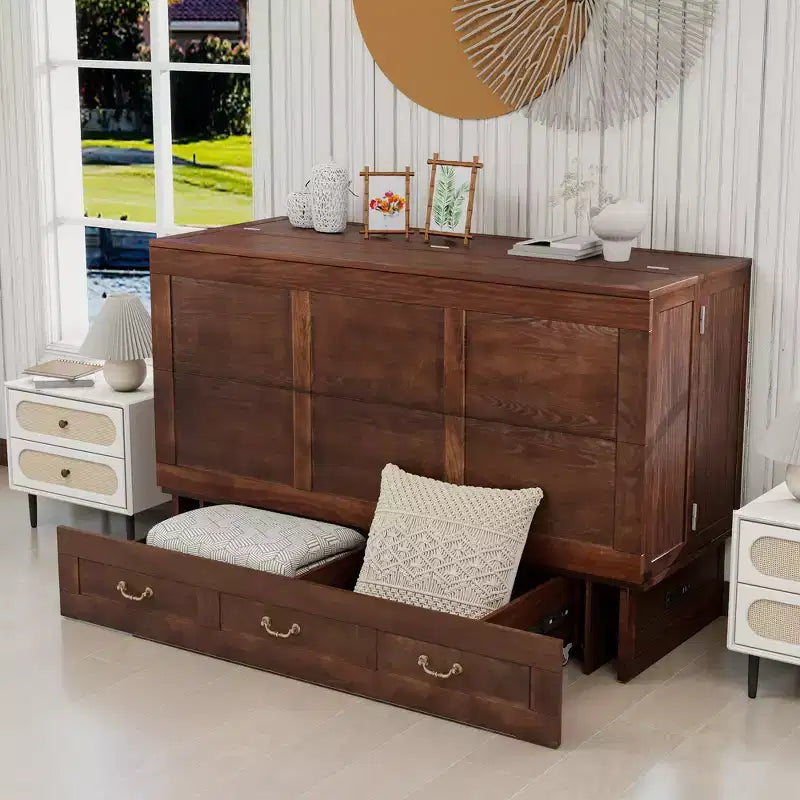 Solid Wood Frame Queen Murphy Bed with 2 Storage Drawers