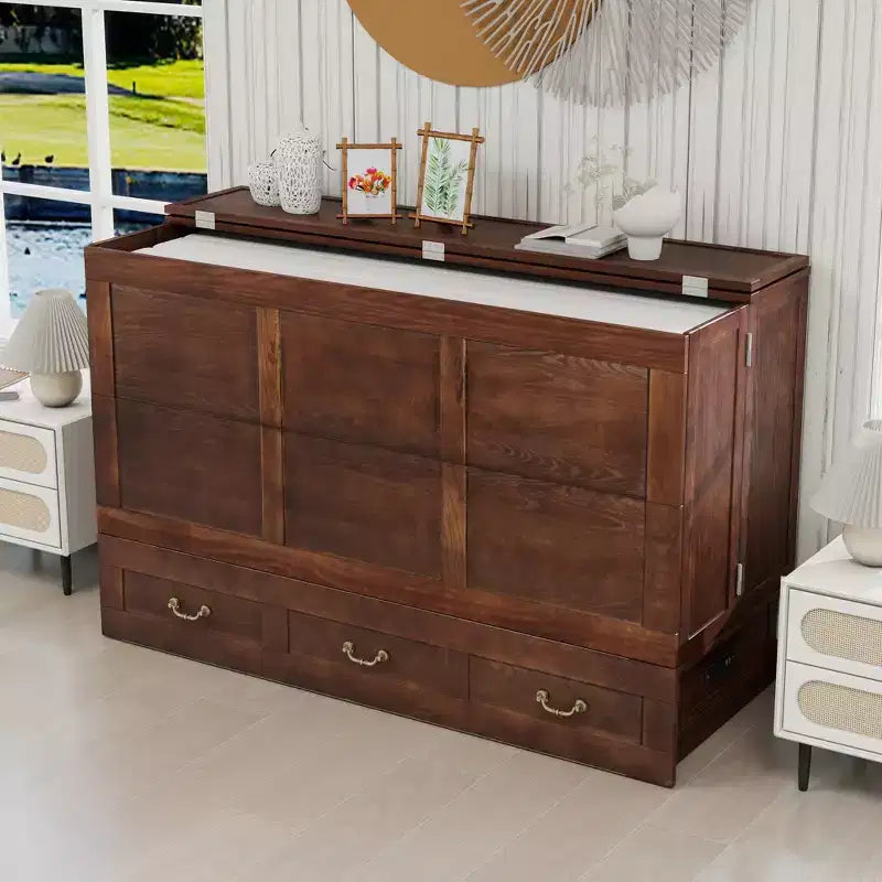 Solid Wood Frame Queen Murphy Bed with 2 Storage Drawers