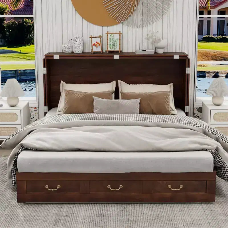 Solid Wood Frame Queen Murphy Bed with 2 Storage Drawers
