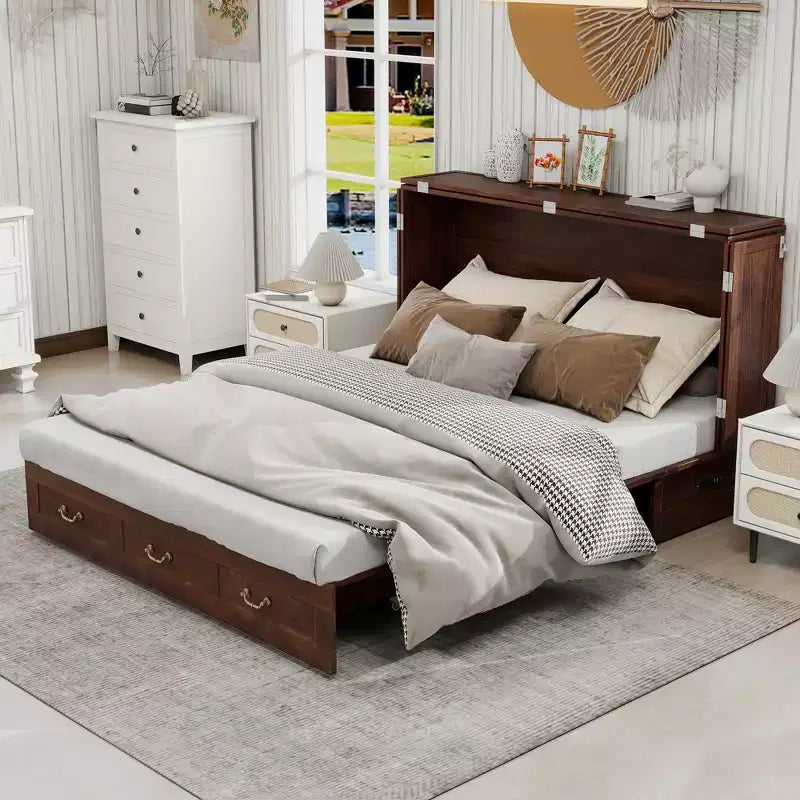 Solid Wood Frame Queen Murphy Bed with 2 Storage Drawers