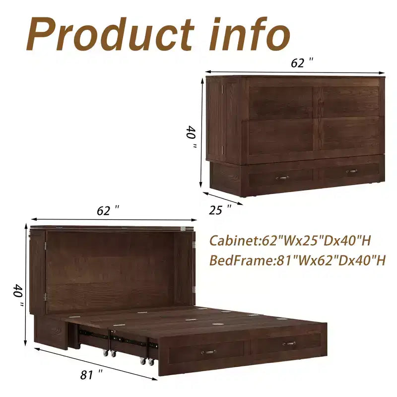 Solid Wood Frame Queen Murphy Bed with 2 Storage Drawers