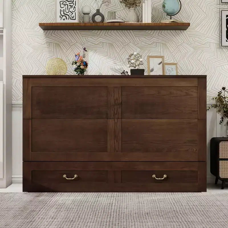 Solid Wood Frame Queen Murphy Bed with 2 Storage Drawers