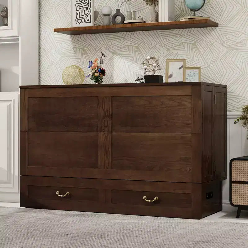 Solid Wood Frame Queen Murphy Bed with 2 Storage Drawers