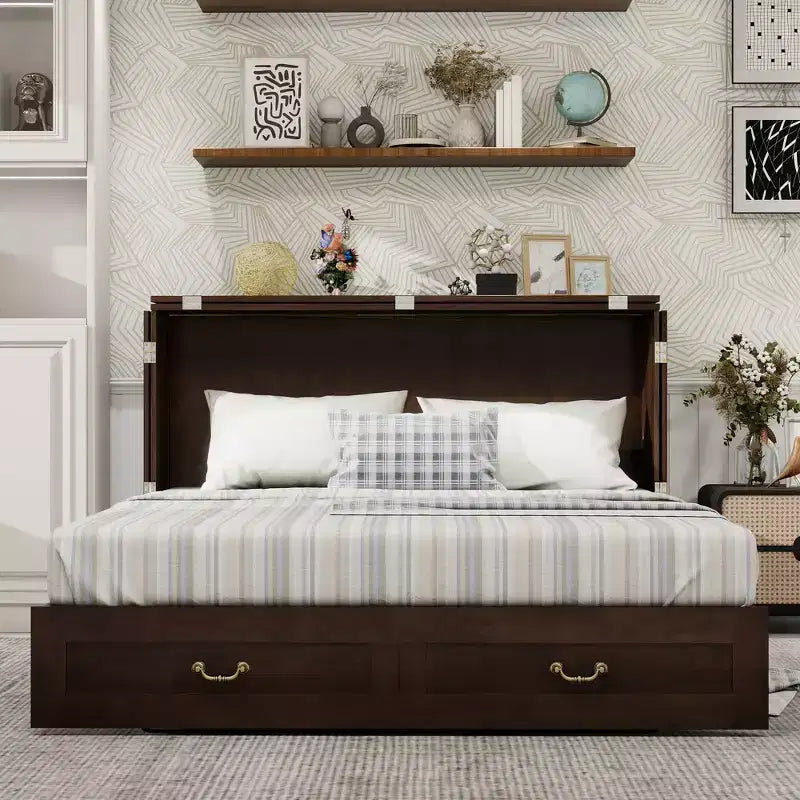Solid Wood Frame Queen Murphy Bed with 2 Storage Drawers