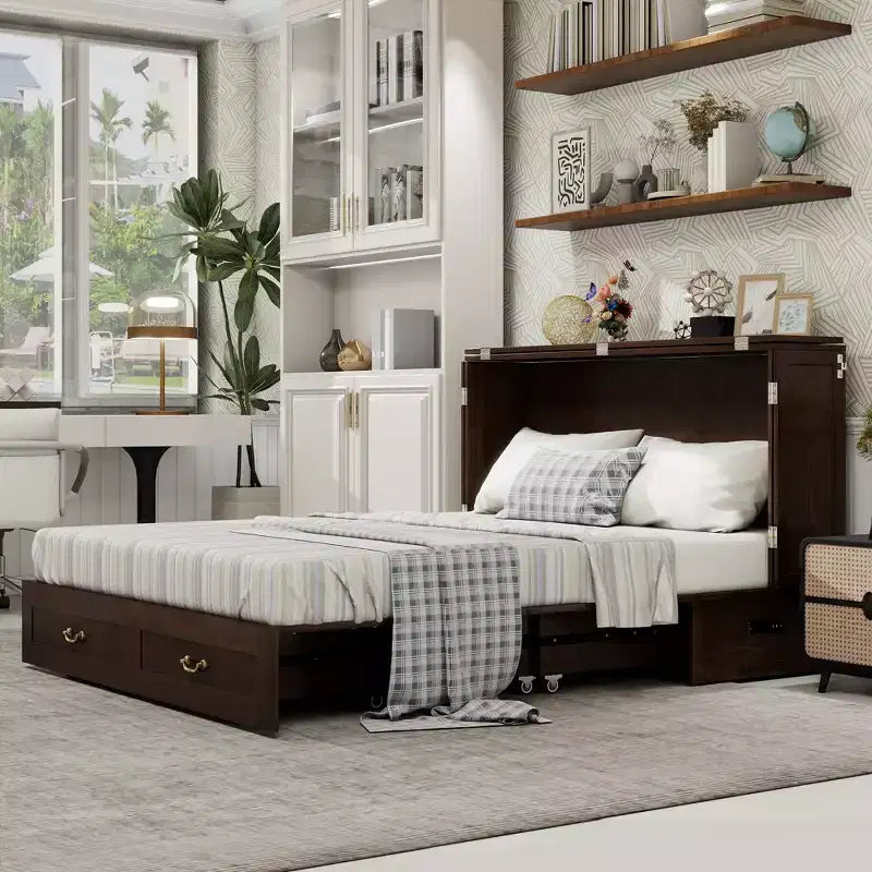 Solid Wood Frame Queen Murphy Bed with 2 Storage Drawers