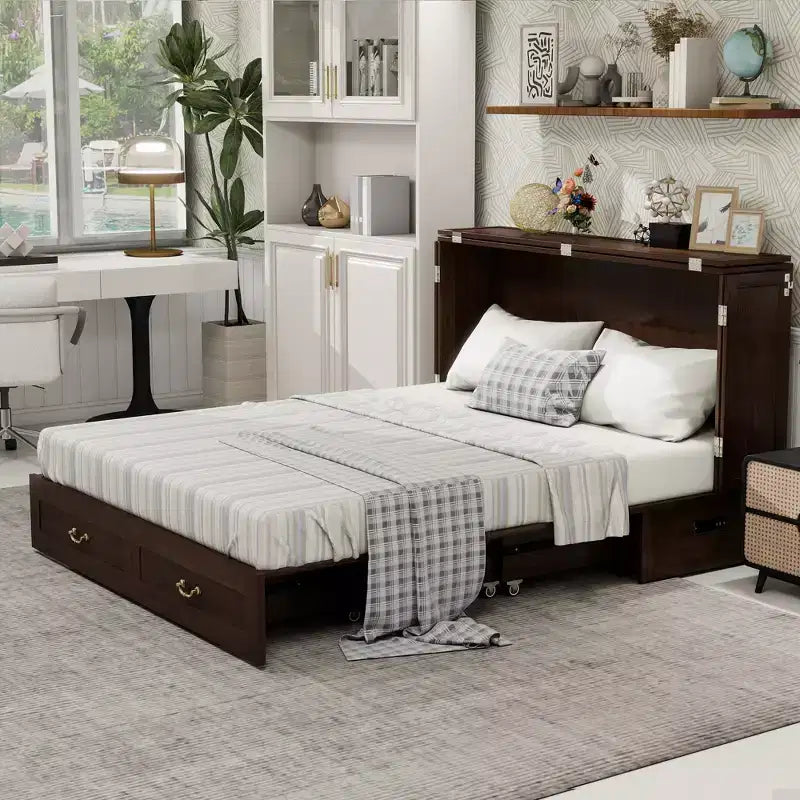 Solid Wood Frame Queen Murphy Bed with 2 Storage Drawers