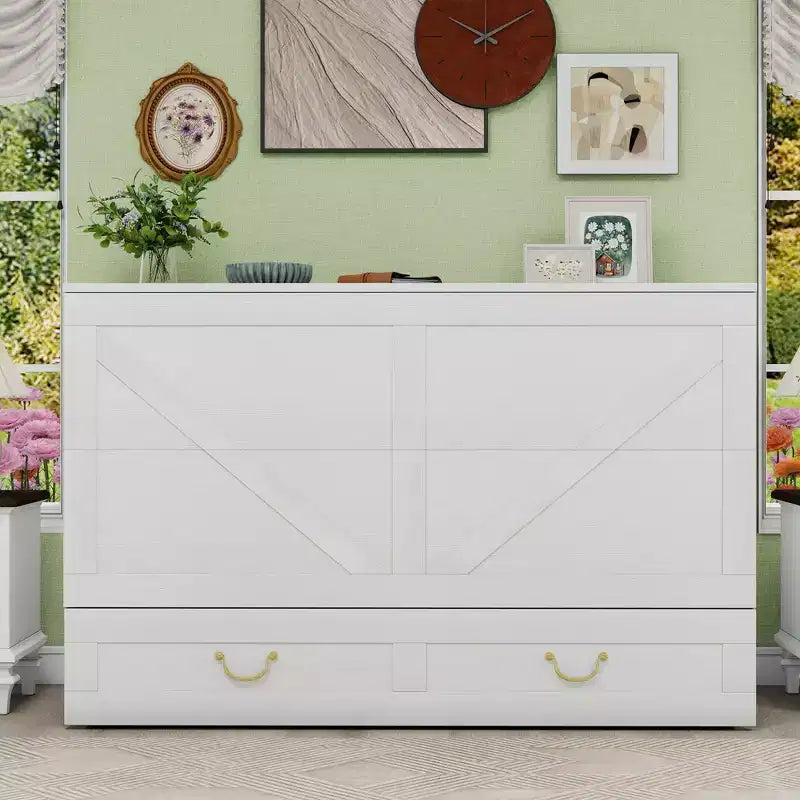 Solid Wood Frame Queen Murphy Bed with 2 Storage Drawers