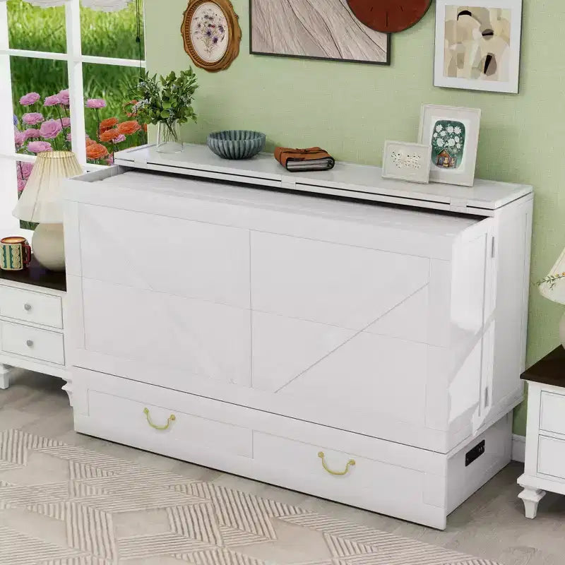 Solid Wood Frame Queen Murphy Bed with 2 Storage Drawers