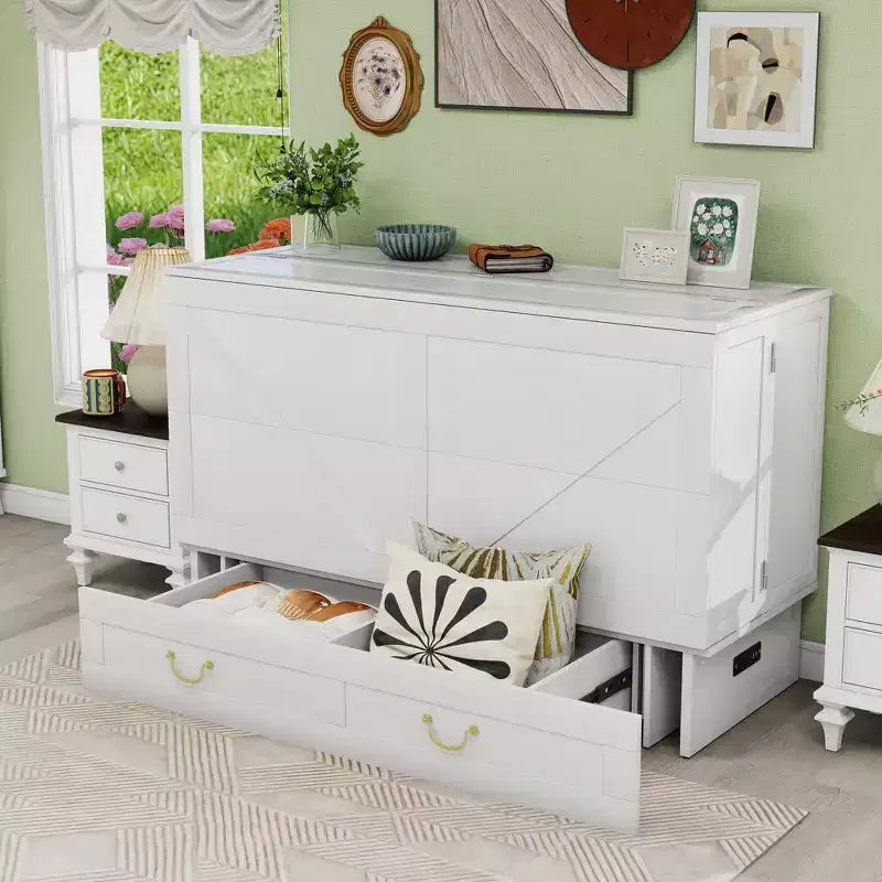 Solid Wood Frame Queen Murphy Bed with 2 Storage Drawers